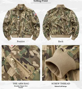 Detailansicht der Bomberjacke im Camouflage-Stil mit gerippten Bündchen und Ärmeltasche