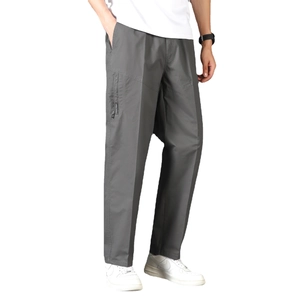 Men's dark grey straight casual pants with utility zipper pocket in summer cotton fabric