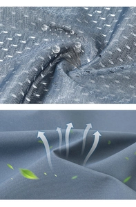 Macro detail of waterproof blue mesh fabric with breathable air flow and leaf icon