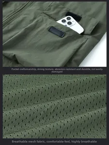 Detail of durable utility pockets and breathable mesh lining on army green vest