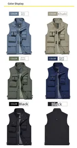 Detail view of multi-pocket outdoor vest features breathable mesh lining and stand collar