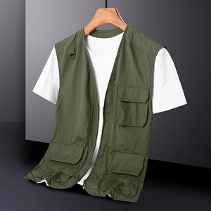 Gilet de randonnée homme vert armée multi-poches avec crochet en D et fermeture éclair
