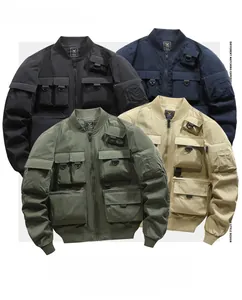 Detail of four color options for techwear bomber jacket with multiple utility pockets