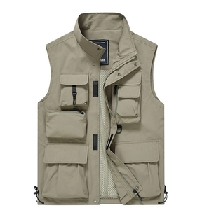Detail of khaki outdoor vest showing breathable mesh lining and multiple cargo pockets