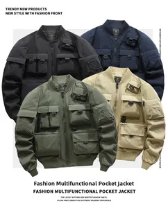 Four colors of techwear bomber jackets with multi-pocket design and D-ring details