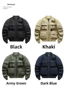 Detail view of utility pilot jacket showing four color options with multi-pocket design
