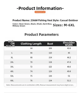 Tabella taglie dettagliata per gilet da pesca multitasche con misure dalla M alla 6XL