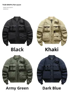 Detail of four multi-pocket bomber jackets in black, khaki, army green and navy blue