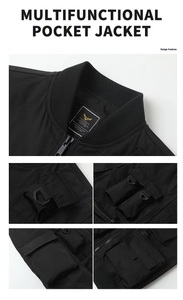 Macro detail of tactical black bomber jacket featuring metallic zippers and utility pockets