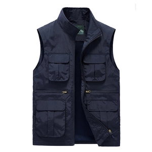 Men's dark blue multi-pocket outdoor vest with stand collar and zipper closure