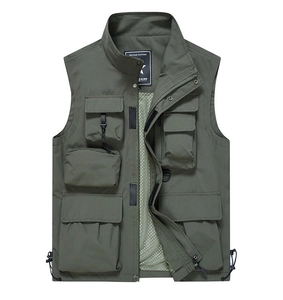 Detailed view of the olive green tactical vest with multiple utility pockets and mesh lining