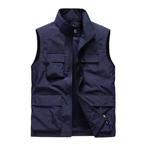 Men's navy multi-pocket outdoor fishing vest with stand collar and zipper closure
