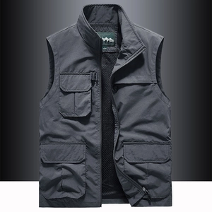 Men's Multi-Pocket Outdoor Utility Vest Lightweight Breathable Mesh Lining Fishing Photography Jacket Stand Collar Outerwear