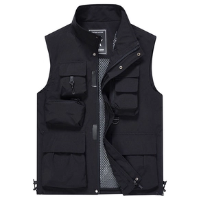 Detail of black tactical vest featuring multi-pockets and breathable mesh lining
