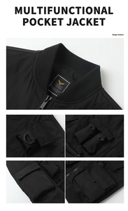 Detail view of multifunctional pockets and metallic zipper on this black cargo jacket