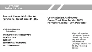 Detailed size chart and specifications for multi-pocket tactical jacket with washing guide