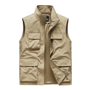 Men's khaki multi-pocket utility vest with stand collar and breathable mesh lining