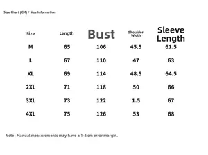 Detailed size guide table for American retro pilot bomber jacket and tactical outerwear
