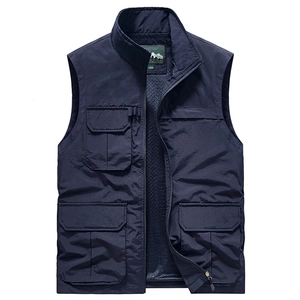 Men's navy blue multi-pocket outdoor utility vest with mesh lining and zipper closure