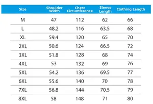 Detailed size chart for men's winter jacket with measurements from size M to 8XL