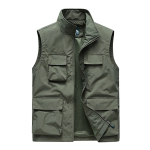 Men's olive green multi-pocket utility vest with mesh lining for fishing and casual wear