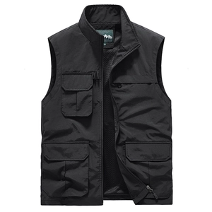Men's outdoor utility vest with multi-pockets, stand collar, and breathable mesh lining
