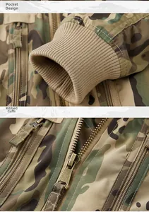 Details einer Camouflage-Jacke mit gerippten Bündchen und Vintage-Metallreißverschlüssen