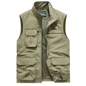 Men's outdoor utility fishing vest with multiple cargo pockets and mesh lining in khaki green