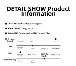 Detail specifications chart for men fleece jacket showing fabric and size parameters