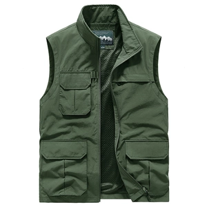 Outdoor multi-pocket cargo vest in dark green with mesh lining for fishing and hiking
