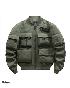 Detailed view of army green tactical bomber jacket with functional multi-pocket utility design