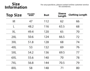 Size chart for winter men's padded jacket, showing measurements from size M up to 8XL
