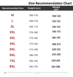 Size chart for winter men's jacket showing height and weight recommendations from M to 8XL