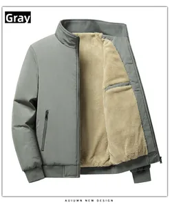 Detail view of winter jacket with stand-up collar and warm fleece lining in dark grey color