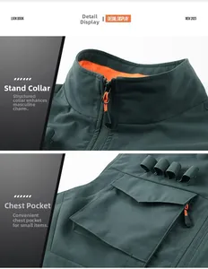 Dettaglio del gilet outdoor verde scuro con colletto dritto e tasca sul petto con zip