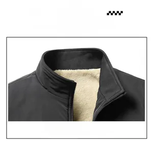 Detail view of winter jacket featuring thick fleece lining and durable stand collar