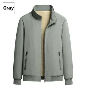 Detail of grey winter jacket featuring warm fleece lining and stand collar structure