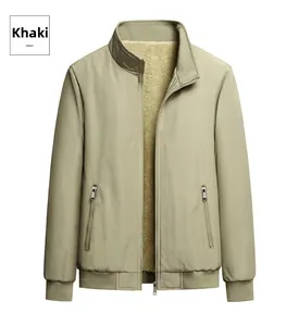 Detail of khaki men's winter jacket with warm fleece lining and sturdy front zipper