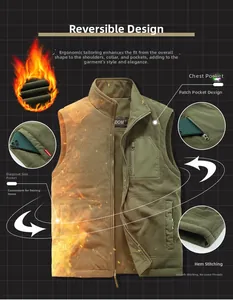 Detail of reversible fleece vest featuring zipper pockets and warm olive green fabric