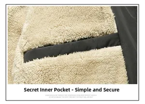 Detail of warm fleece lining and secure inner pocket for winter casual men jacket