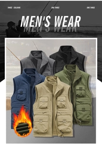 Outdoor thermal vest for men with multiple functional pockets and warm fleece lining details