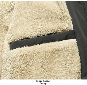 Detail of the winter jacket's warm fleece lining and functional inner pocket design