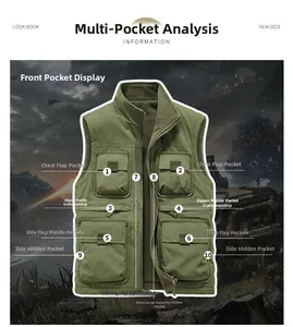 Detail of army green tactical vest showing 10 functional pockets for outdoor use