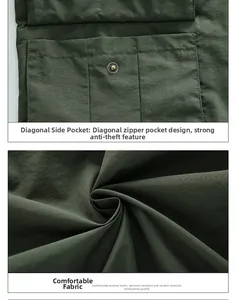 Detail der armygrünen Funktionsweste mit kratzfestem Stoff und sicheren Taschen für Outdoor