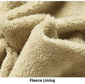 Close-up detail of warm beige fleece lining on winter jacket showing thick soft texture