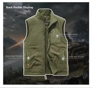 Detail of reversible fleece vest showing zippered chest and side pockets in army green