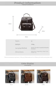 Detailed size chart and multi-color options for the retro PU leather backpack