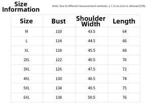 Detailed size chart for men's vest showing chest and length measurements from M to 6XL