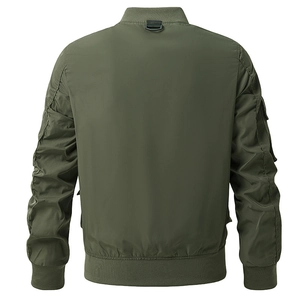 Army green men's flight bomber jacket featuring ribbed cuffs and back neck hanging loop