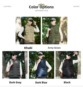 Close-up of five versatile outdoor utility vests featuring multi-pocket design and stand collar